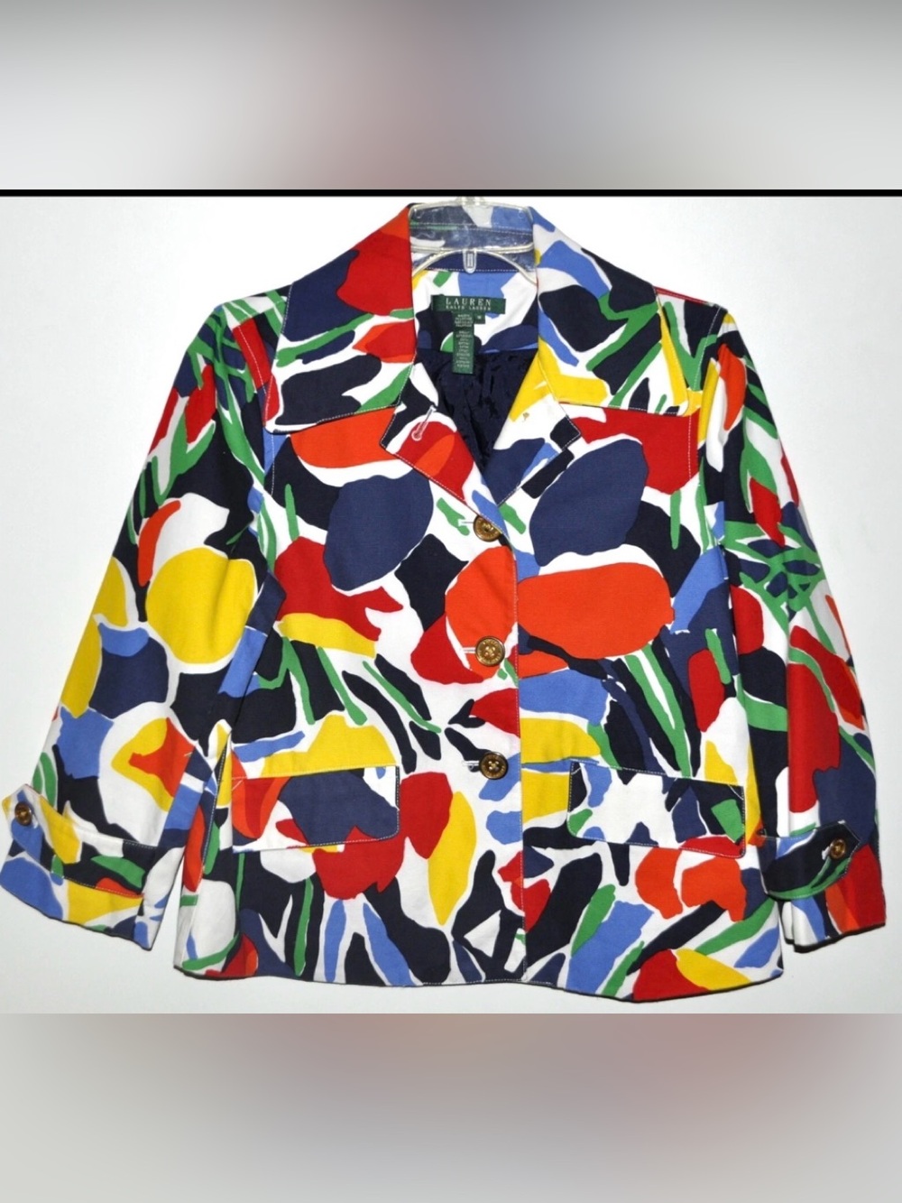 Ralph Lauren Lined Blazer Button Front Muliticolor 3/4 Sleeve W/ Collar Sz (L)